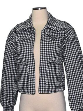 Avec Les Filles Quilted Gingham Jacket Black White Ruffle Collar Coquette XS